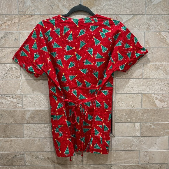 Christmas Holiday Scrub Top Red with Green Trees - Picture 4 of 4